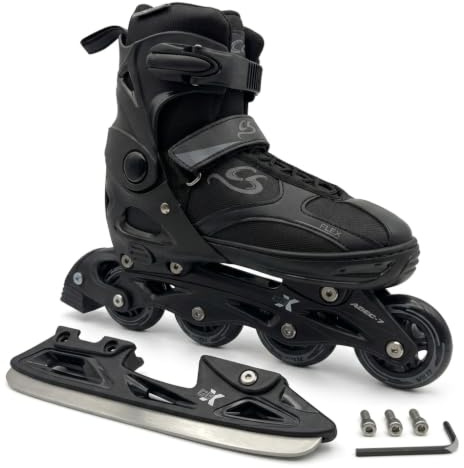 Cox Swain Black Ice 2in1 Inliner & Schlittschuhe - Größenverstellbare Kombi Skates & Eislaufschuhe für Kinder, Mädchen, Jungen, Damen & Herren - Edelstahlkufen, PU-Rollen, ABEC 7, Gr. 29-32 bis 43-46