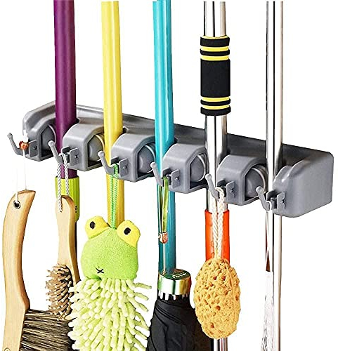 Vicloon Broom Mop Holder Tidy Organizer, Wall Mounted Organizer with 5 Position 6 Hooks for Brush Mop and Broom Tool Storage