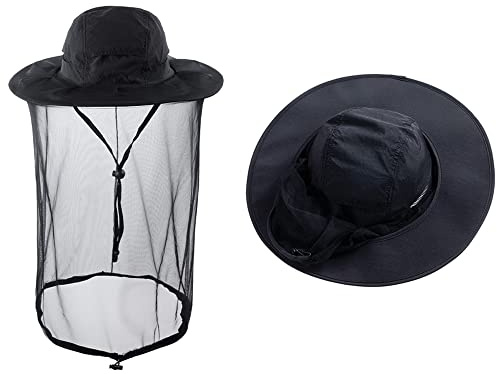 HunterBee Mosquito net hat Bug Insect Hats with Netting Beekeeper Beekeeping bee Veil hat Safari Hiking Gardening mesh Cap Hood Black