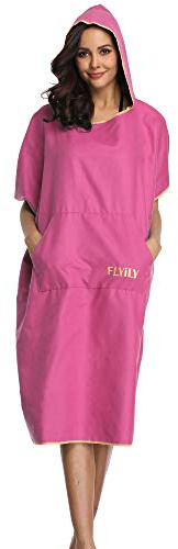 FLYILY Serviette en Robe Poncho avec Capuche en Microfibre Changement Peignoir de Bain Serviette de Poncho(RoseRed,L)