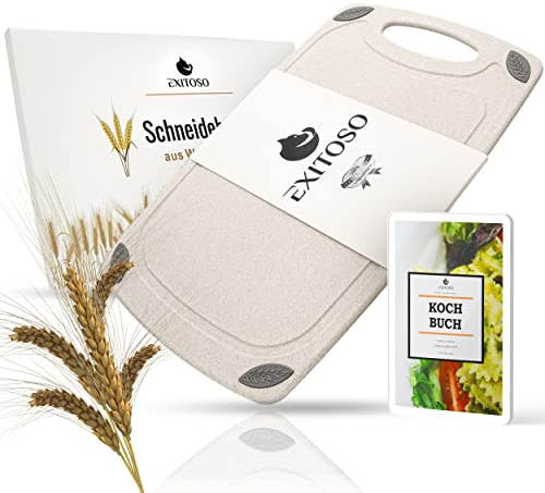 Exitoso® Das Original Schneidebrett mit Weizenstroh, Saftrille und Griff, Frankfurter Brett, Spülmaschinenfest und antibakteriell Brotbrettchen, Nachhaltiges Schneidbrett 32x20