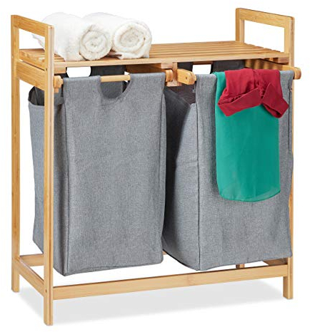 Relaxdays Wäschekorb mit Ablage, 2 Fächer, 2x 30 l Wäschesäcke, Bambus Ausziehwäschekorb HBT 73 x 64 x 33 cm, natur/grau, 1 Stück