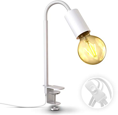 B.K.Licht - Schreibtischlampe mit Kabelschalter, schwenkbar, klemmbar, Klemmlampe, Klemmleuchte, Nachttischlampe, Leselicht Kinder, Bürolampe, Leselampe, 47,7x4,2 cm, Weiß