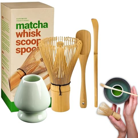 Matcha Besen und Löffel Set: Matcha Whisk Natural Bamboo Tea Whisk(Chasen) mit 2 Teelöffel(Chashaku)&Besenhalter, handgefertigter Bambusbesen Matcha-Schneebesen Geschenk für vollendete Tee-Zeremonie