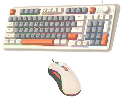 Lancoon Combo de Teclado y Ratón con Cable Compacto con 94 Teclas Control de Volumen Luz Colores Ratones Ergonómicos dpi Ajustables Botones Laterales para PC Ordenador Tableta Oficina (Blanco)
