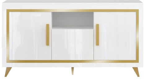 AltoBuy Jemma - Buffet 3 Portes Laqué Blanc et Décor Doré avec LEDs