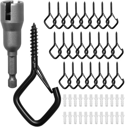 24 Stück Schraubhaken Edelstahl, Haken Zum Schrauben mit Sicherung, Deckenhaken, Wandhaken, Schraubhaken Schwarz für Pflanzen, Blumentöpfe, Dekorative Lichter und Weihnachtsschmuck