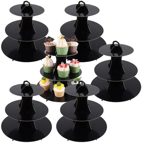 LOPYXBR Lot de 6 présentoirs à gâteaux ronds en carton noir à 3 niveaux pour thé de l'après-midi, supports à dessert réutilisables pour anniversaire, mariage, fête d'anniversaire de mariage