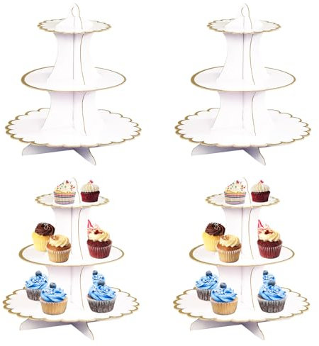 HAOTIAN-X Juego de 4 soportes para tartas de cartón, soporte para cupcakes de papel redondo de 3 niveles, soporte para torre de postre de oro blanco, soporte para servir pastelería para cumpleaños,