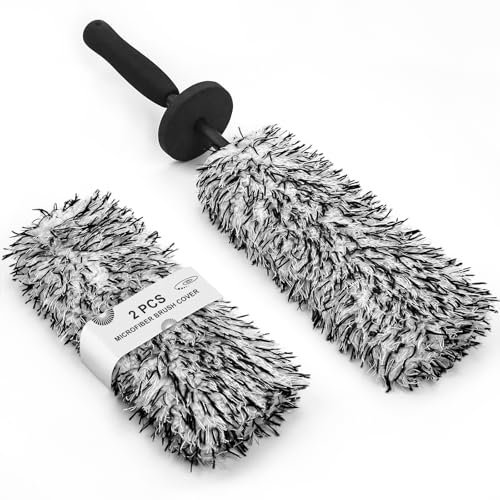 Microfiber Wheel Cleaning Brush with Car Detailing Brush, Flat & Long Handle Tire Cleaner Brush Tool Kit for Auto Truck Motorcycle Wheel Barrel Spoked Rims Scratch Free Washing