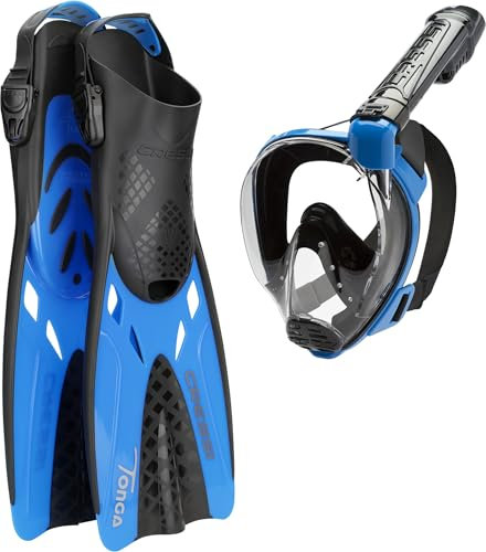 CRESSI Tonga Set Black/Blue L/XL - Set Pinne Tonga Leggere Corte Regolabili Scarpetta Aperta+Maschera Integrale Baron Ampia Visuale, Ideali per Snorkeling, Nuoto, Nero/Blu, L/XL (42/47), Adulti