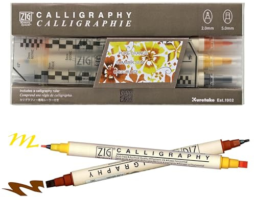 Kuretake Zig Calligraphy Dual Tip Marker Pens 3 colors set, OrangeBrown, 2mm, 5mm, Double Tip, for Art, Sketch, illustration, Calligraphy, Journal, Drawing, Made in Japan