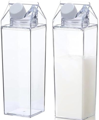 Bouteille D'eau Claire,Pack de 2 Bouteilles D'eau en Carton de Lait, Carton de Lait Transparent de 1000 ml, Réutilisable, pour Pique Nique, Camping, Lait, jus D'orange