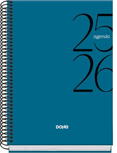 Dohe - Skolkalender 2025 2026 - Vecka per uppslag, Storlek A5 (15x21 cm), Spanska och Engelska, September till Juni, Spiralbindning, Hårt omslag - SYSTEM Blå
