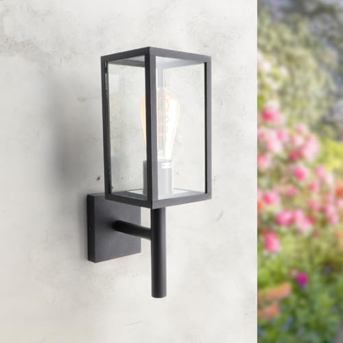 M Ledme - Aplique de Pared Exterior Serie Ducte Farol – IP44, Casquillo E27, Lámpara Estilo Farol de Acero y Cristal Negro para Jardín, Terraza o Entrada (Bombilla No Incluida)