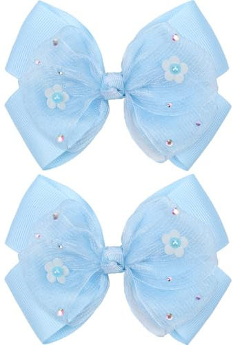 KISZU 4.5 Inch Flower Hair Bow Clips, Organza Bows with Pearls Big Hair Accessories for Baby Girls Kids Children Teens and Women (Blue)