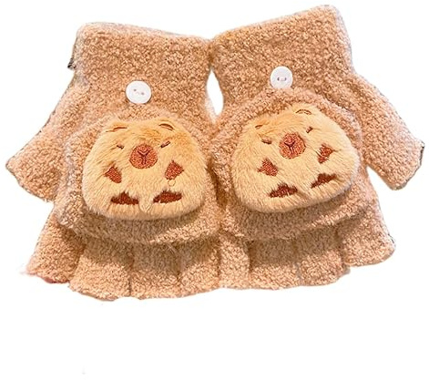 OMEIU Store Fingerless Flap Cover Gloves Winter Knit Warm Mittens Soft Lined Fleece Thermal Outdoor Half Finger with Cover Convertible Flip Top for Kids boys girls (Capybara, one size)