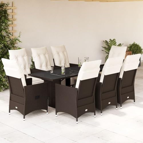 Tonture Ensemble bistro de jardin 9 pièces avec coussins, fauteuil relax réglable en polyrotin marron, résistant aux UV, table 190 x 80 cm, pour terrasse, balcon et jardin