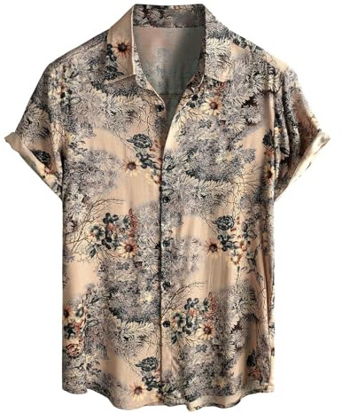 Camisa Hawaiana para Hombre, Casual, Manga Corta, algodón, Estampado Floral, para Vacaciones, Playa, Blusa Ligera de Verano, Caqui, M