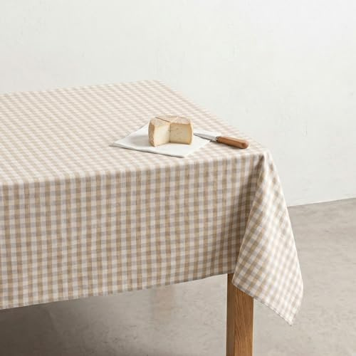 GAMUSI Mantel Antimanchas Cuadros Vichy Rectangular - Algodón Tejido, Tacto Natural, 140x100 cm, Lino
