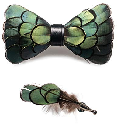JEMYGINS Noeud Papillon Homme vert en Plume en Plumes Fait Main et Broche Ensemble Compris boîte
