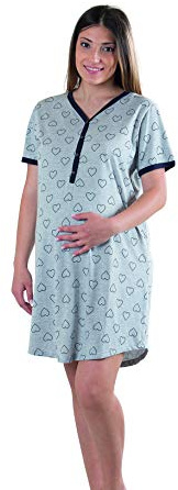 Premamy - Camicia da Notte per Premaman, Modello Estivo in Cotone, Aperto Davanti per Allattamento, Pre-Post Parto