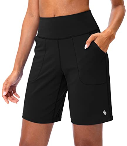 SANTINY Bermuda Shorts for Women with Zipper Pocket Womens High Waisted Long Shorts for Running Workout Athletic(Black_L)