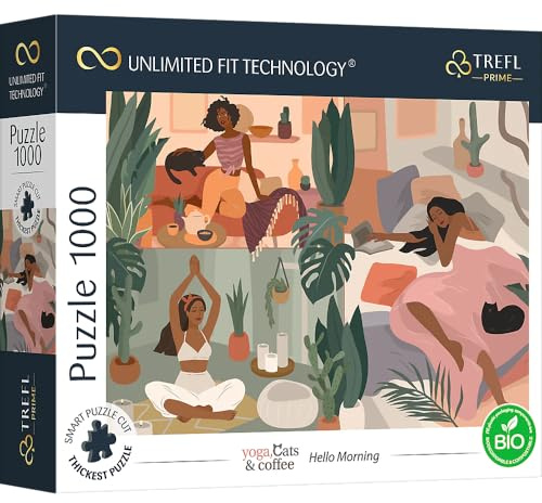 Trefl 10694 1000 Elements Thickest Cardboard Organic Eco Cats Coffee Relaxation Recreation Entertainment for Adults and Children from 12 Years Puzzle Yoga Cats & Coffee Hello Morning