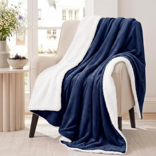 Aisbo Sherpa Fleece Blanket Navy Blue Throws - Thick Warm Soft Throw Blanket for Sofa Couch, 130x150cm Fluffy Microfiber Solid Blankets for Bed