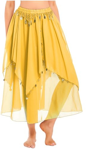 HULIJA Dam magdans kjol lång danskjol paljetter asymmetrisk kjol dans scenkjol karneval danskläder orientaliska kostymer, A-gul, one size
