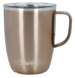 S'well Mug with Handle, Pyrite, 350ml. Vacuum Insulated Stainless Steel Travel Mug with Handle, On-The-Go Travel Cup with Slide-Open Lid - Dishwasher Safe, Gold