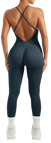 RXRXCOCO Mono de tirantes de costuras para mujer, ajustado, sin espalda, acolchado, para yoga, deporte, mono de una pieza, azul marino, S