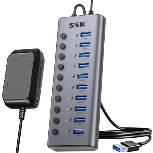 SSK 10Port Powered USB 3.0 Hub, Aluminio Divisor de Extensión USB con interruptores de alimentación Individuales y Leds, 5Gbps de Datos USB Hub de Carga con DC12V5A Adaptador y 3.93ft Cable Largo
