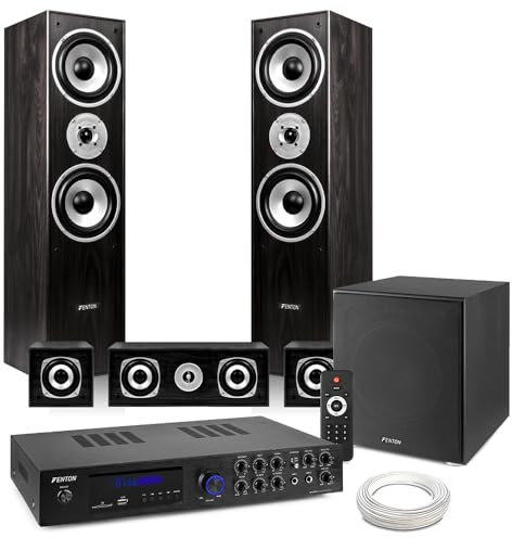 Fenton HF5B Black 5.1 Surround Sound System with AV550BT Amp - Complete Home Theatre Audio Solution with Bluetooth, 12 Active Subwoofer, Home Cinema Sound System