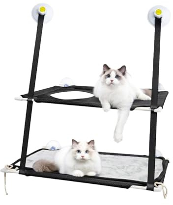 Doble Hamaca para Ventana de Gato,Asiento Soleado de Gatito con Fuerte Ventosa,Cama Colgante para Gatos,Soportar hasta 25kg,para Tomar la Siesta y Tomar el Sol