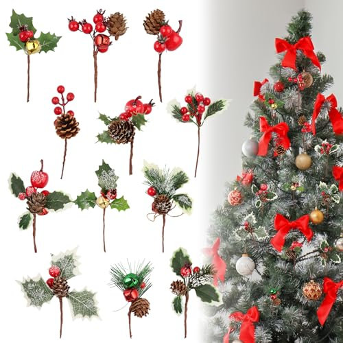 24 Pezzi Rami di Pino Artificiale di Natale, Rami di Abete Artificiali con Bacche e pigne, Rami di Bacche Pigne per Decorazione Natalizia Ghirlande Floreali, Coni di Pino Naturali con Bacche (B)