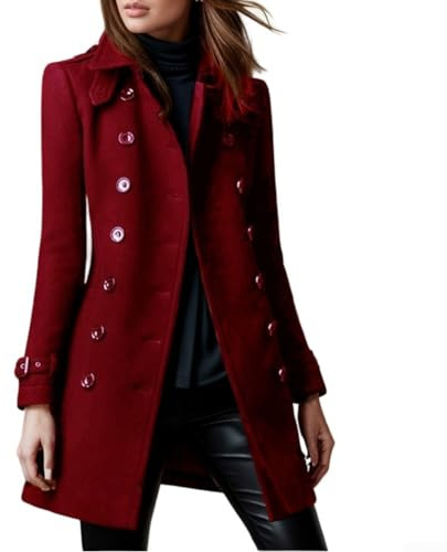 Abrigo de lana para mujer, estilo casual cálido con cierre clásico de doble botonadura (XL rojo vino)