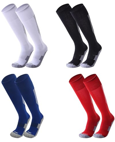 Fjquamitix 4 paia di calzini da calcio per bambini, altezza al ginocchio, traspiranti, antiscivolo, per rugby, calcio, calzini sportivi per ragazzi 9-12 anni (quattro colori)
