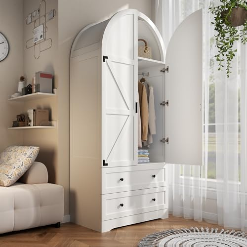 Gyfimoie 74.8 Armoire Wardrobe Closet with 2 Drawers and 2 Doors, Tall Bedroom Freestanding Armoire Storage Cabinet with Shelves, Wood Large Wardrobe Combination for Hanging Clothes (White)