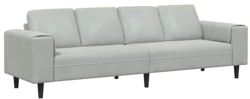 Sofá gris claro de 4 plazas en terciopelo suave, ajustable en altura, con patas cónicas. Respaldo terminado y superficie suave. Medidas: 250 x 77 x 76 cm. Estructura de madera tratada con acabado mat