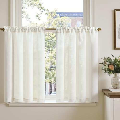 TOPICK Bistrogardin för vardagsrum, fönstergardiner set om 2, H 90 x 90 cm, kök, små fönster, ljusgenomsläppliga gardiner, moderna lantställe linneutseende, köksgardiner, kort, dragsko, krämvit,