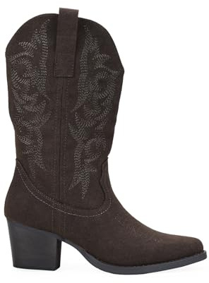 BOSANOVA Botas Cowboy para Mujer en Ante Vegano con Detalle de Costuras a Tono, caña de 28.5 cm y tacón en Bloque. Cierre con Cremallera. Calzado para Mujer Marron 38