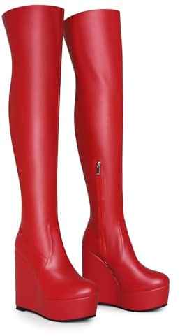 Frankie Hsu Botas largas con plataforma de cuña sexy hechas a mano con tacón alto por encima de la rodilla, muslos rojos, talla grande, talla 5-19 de EE. UU. para mujeres y hombres, Rojo, 39 EU