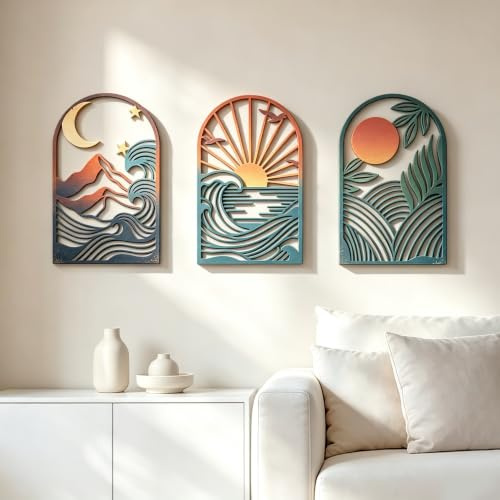 GLOBLELAND 3 Pcs Boho Metal Minimalist Landscape Wall Decor Line Abstract Wall Art Sculpture Moon Star Vintage Hollow Out Metal Wall Decoration for Indoor Living Room Outdoor Art Museum Cafe Garden