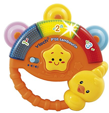VTech - P'tit Tambourin, Instrument de Musique Bébé, Hochet Tambourin Interactif, Jeu de Motricité Fine, Jouet d'Éveil Musical, Cadeau Bébé Dès 3 Mois - Contenu en Français