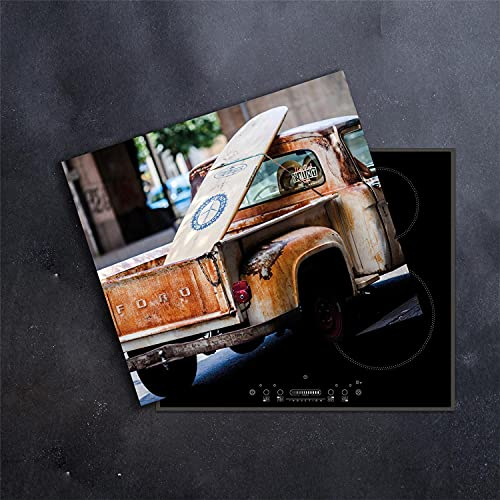 DAMU | Herdabdeckplatte Einteilig 60x52 Herdabdeckung Ceranfeld Glasschneideplatte Ceranfeldabdeckung Herdplattenabdeckung Kochfeld Abdeckung Schneidebrett Glasplatte Vintage Auto