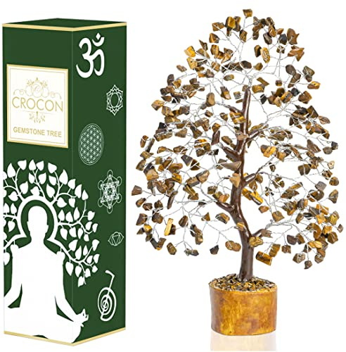 Crocon® Tiger Eye Chakra Tree of Life - Crystal Tree for Positive Energy, Feng Shui Decor - Gemstone Money Bonsai Tree, Good Luck Healing Crystals - Meditation Stones, Healing Crystals Spiritual Gift