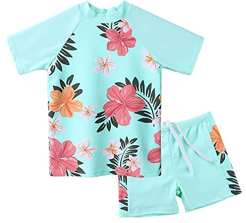 ZNYUNE Fille Maillot de Bain Imprimé 2 Pièces Enfant Rash Guard Anti-UV S241 Fleur-Cyan 6A