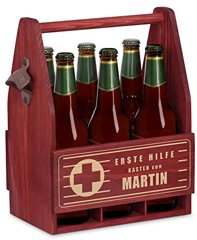 Maverton Bierträger für 6 Flaschen 0,5L mit Gravur - Männerhandtasche mit Flaschenöffner - Größe: 25x17x32cm - aus Holz - personaliserte Geschenke für Männer zum Geburtstag
