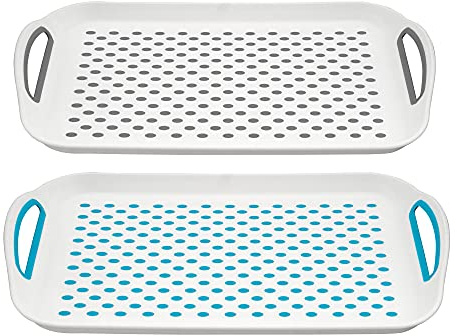 DASHMESH Set of 2 Anti-Slip Rectangular Serving Tray, Blue & Grey Non-Slip Top & Bottom Plastic Dinner/Drinks Trays with High Grip Silicone Rubber Surface with Grip Handles